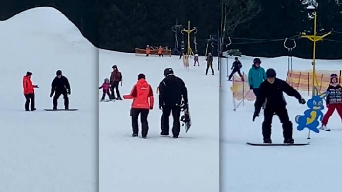 Junior Park: die Trainerin/Instruktorin Alice zeigte Ronny wie man Snowboard fährt