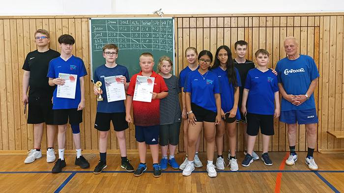 Alljährliches Saison Abschlussturnier Tischtennis Jugendliche. 4 Spielerinnen und 6 Spieler in der Sporthalle mit Urkunden und Pokal.